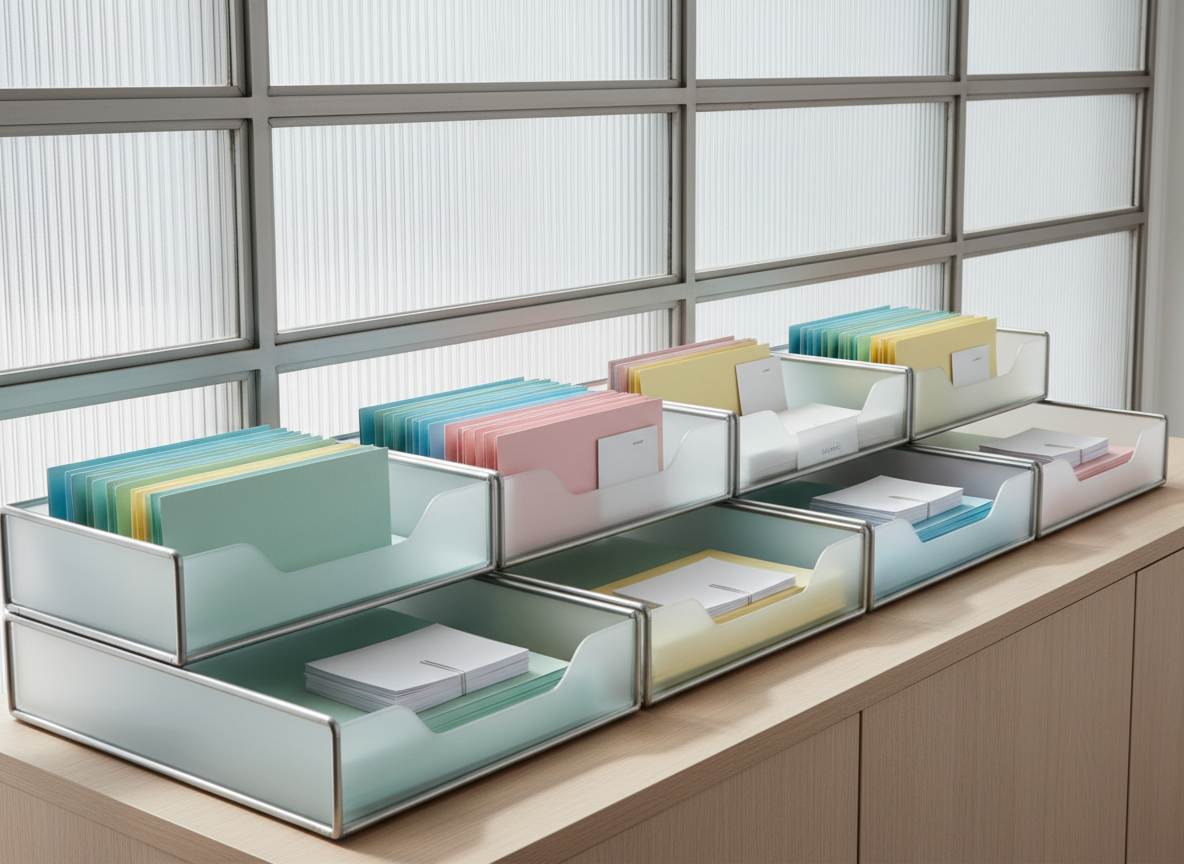 A collection of silvery metal and frosted glass modular storage trays filled with neatly stacked, pastel-hued business folders and smooth, white notecards. The trays are positioned on a pale wood credenza beside a geometric, steel-and-glass partition, suggesting high organization and process efficiency. Natural daylight filters through the partition, casting soft, diffused highlights and subtle, elongated shadows, enhancing the textures of paper and glass. The mood is serene and orderly, evoking trust and reliability. The composition uses a balanced, side-angle shot with moderate depth of field for a crisp, modern, and structured appearance that reflects corporate process optimization.