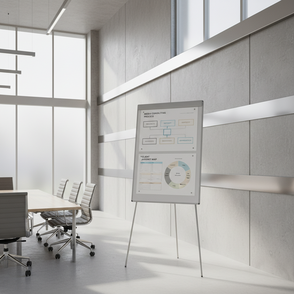 A refined, matte-finished white presentation board stands on a tall, streamlined stand within a spacious, light-toned meeting room. Several crisp, neutral-colored media consulting diagrams and workflow charts are magnetically attached to its surface, each featuring clean lines and structured layouts. Behind the board, smooth concrete walls and frosted glass panels diffuse soft daylight, while brushed metal accents add a sense of precision. The atmosphere is orderly and composed, reflecting strategic planning. Shot from a slightly elevated angle with rule-of-thirds composition and clean, minimalist framing, the image radiates professionalism and modern corporate sensibility, perfectly aligned with the company’s solutions-driven media consulting approach.