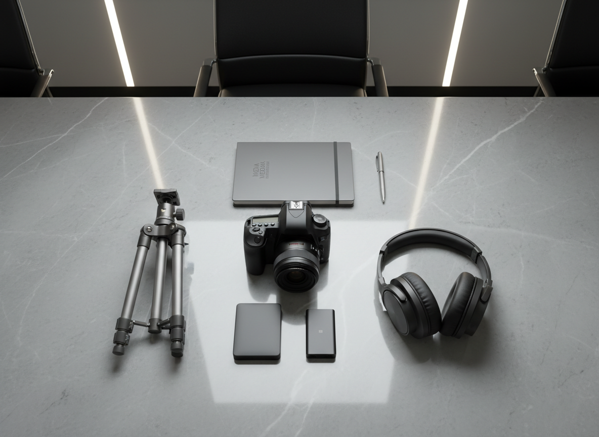 An array of high-quality, neutral-toned media equipment—such as a matte black DSLR camera, a slim portable tripod, and noise-canceling studio headphones—neatly arranged on a cool marble conference table. The environment suggests a tastefully designed media workspace with subtle architectural lines, soft gray walls, and minimal distractions. Overhead LED lighting creates precise, soft illumination, resulting in gentle highlights and defined edges on each device. The overall mood is contemplative and precise, ideal for capturing the tools of the trade in a media consulting firm. The image is framed symmetrically from a slightly overhead, flat-lay angle, providing both clarity and visual order in a clean and professional photographic style.